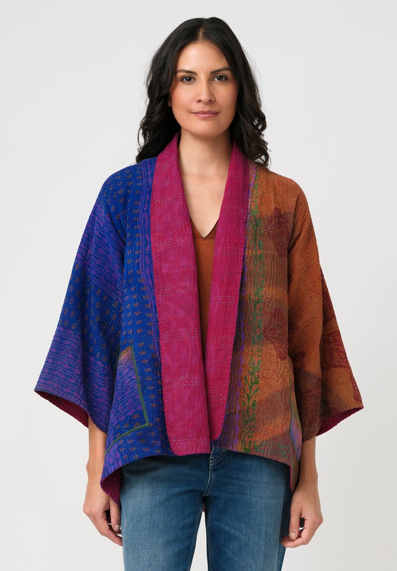 Mieko Mintz Vintage Silk Georgette & Cotton Kantha Kimono Jacket in Ultramarine, Rust & Magenta
