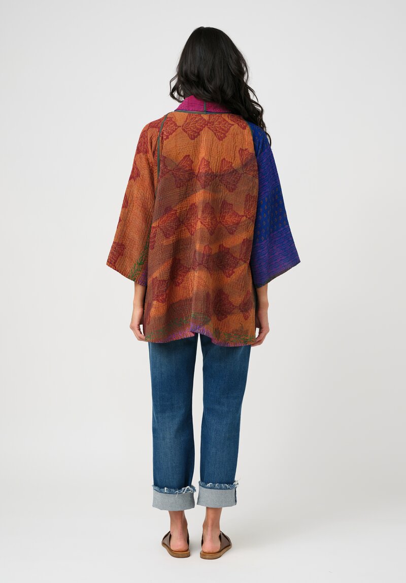 Mieko Mintz Vintage Silk Georgette & Cotton Kantha Kimono Jacket in Ultramarine, Rust & Magenta
