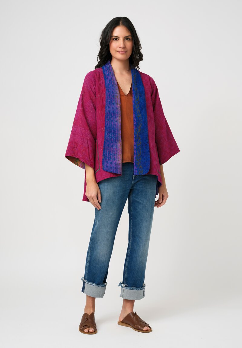 Mieko Mintz Vintage Silk Georgette & Cotton Kantha Kimono Jacket in Ultramarine, Rust & Magenta