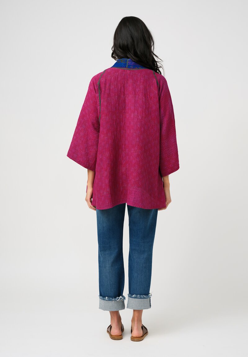 Mieko Mintz Vintage Silk Georgette & Cotton Kantha Kimono Jacket in Ultramarine, Rust & Magenta