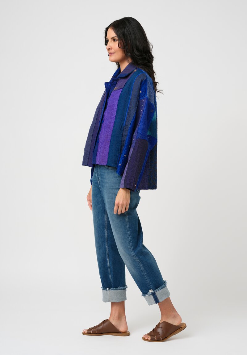 Mieko Mintz Cotton & Silk Paneled Kantha Shirt Jacket in Blue, Purple & Gold