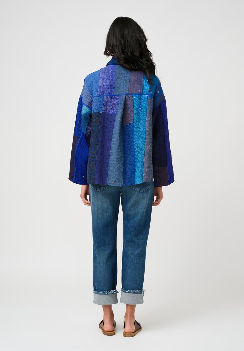 Mieko Mintz Cotton & Silk Paneled Kantha Shirt Jacket in Blue, Purple & Gold