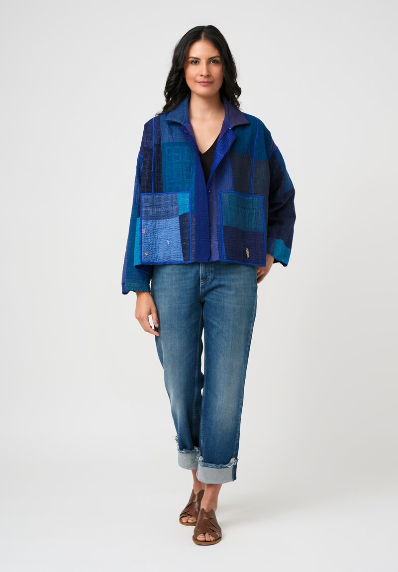 Mieko Mintz Cotton & Silk Paneled Kantha Shirt Jacket in Blue, Purple & Gold