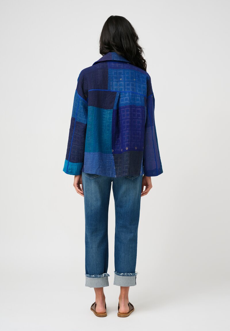 Mieko Mintz Cotton & Silk Paneled Kantha Shirt Jacket in Blue, Purple & Gold