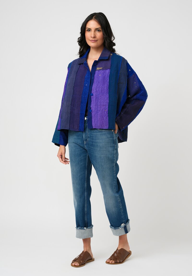 Mieko Mintz Cotton & Silk Paneled Kantha Shirt Jacket in Blue, Purple & Gold