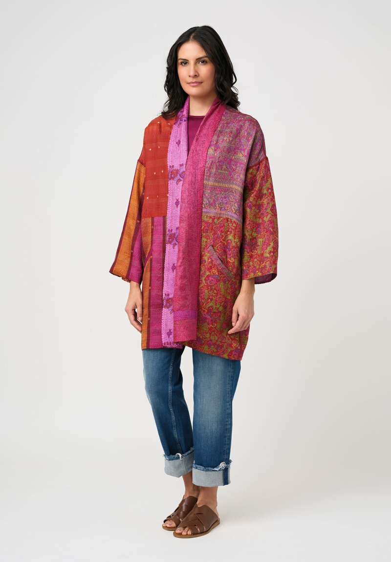 Mieko Mintz Vintage Silk Kantha Haori Duster Coat in Pink & Orange
