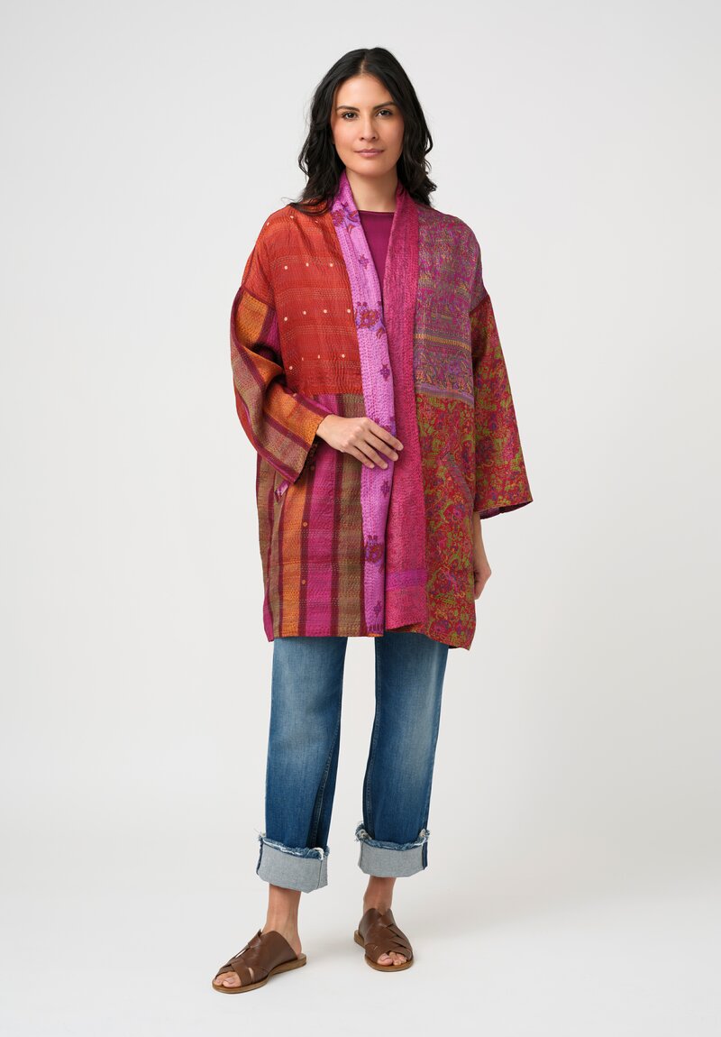 Mieko Mintz Vintage Silk Kantha Haori Duster Coat in Pink & Orange