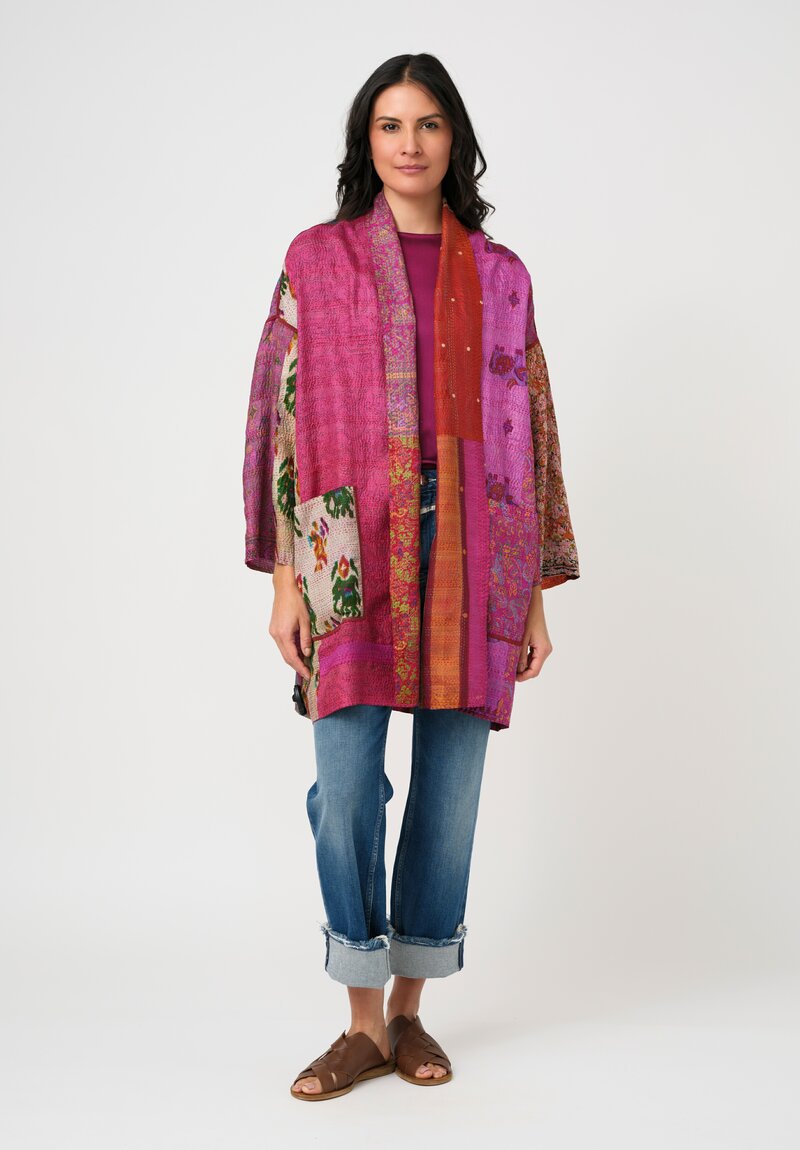 Mieko Mintz Vintage Silk Kantha Haori Duster Coat in Pink & Orange