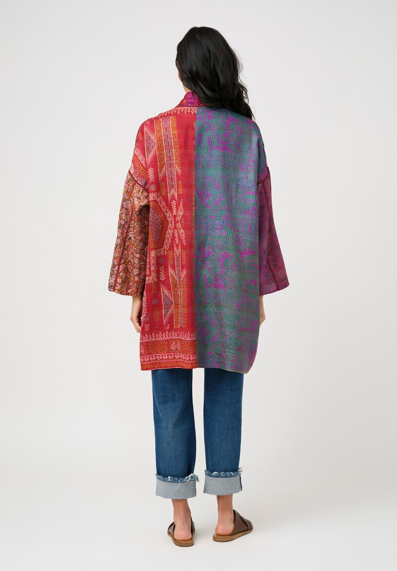Mieko Mintz Vintage Silk Kantha Haori Duster Coat in Pink & Orange