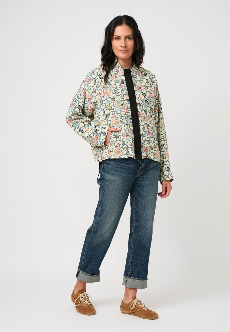 Ibrigu Silk Chirimen Komon Kimono Bomber Jacket in White & Blue Peony Swirl 