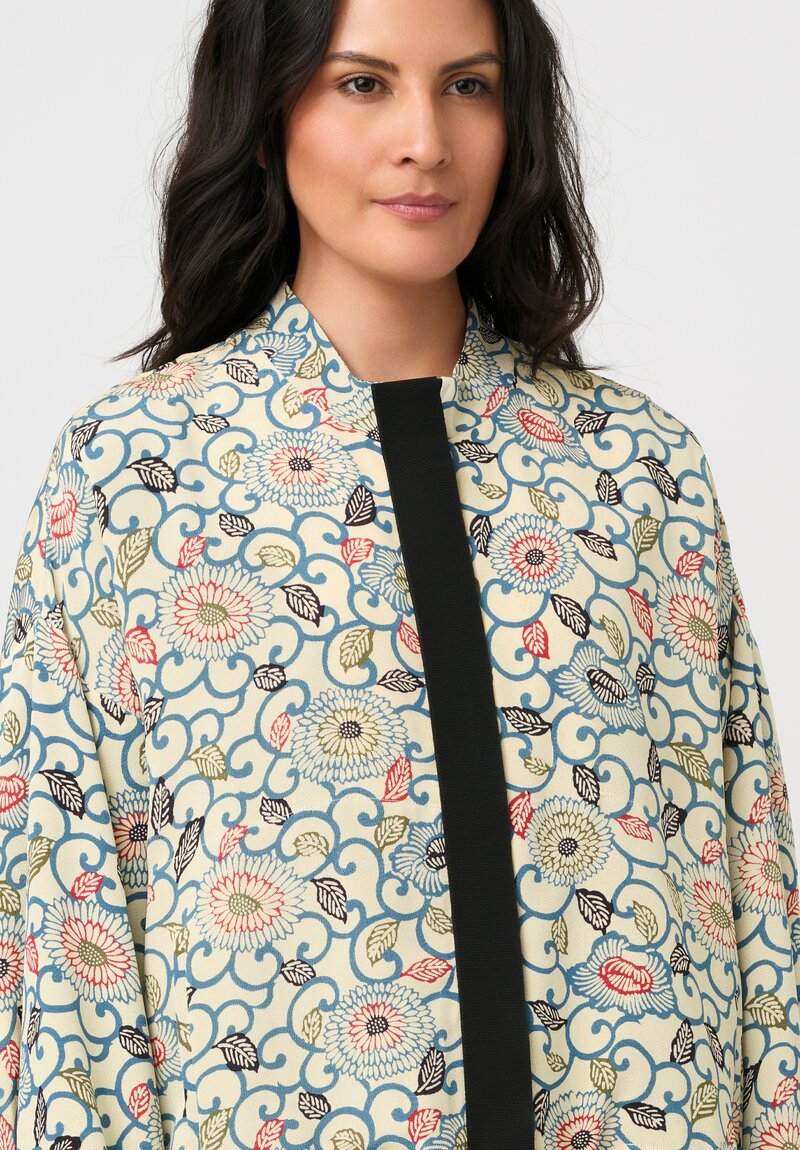 Ibrigu Silk Chirimen Komon Kimono Bomber Jacket in White & Blue Peony Swirl 