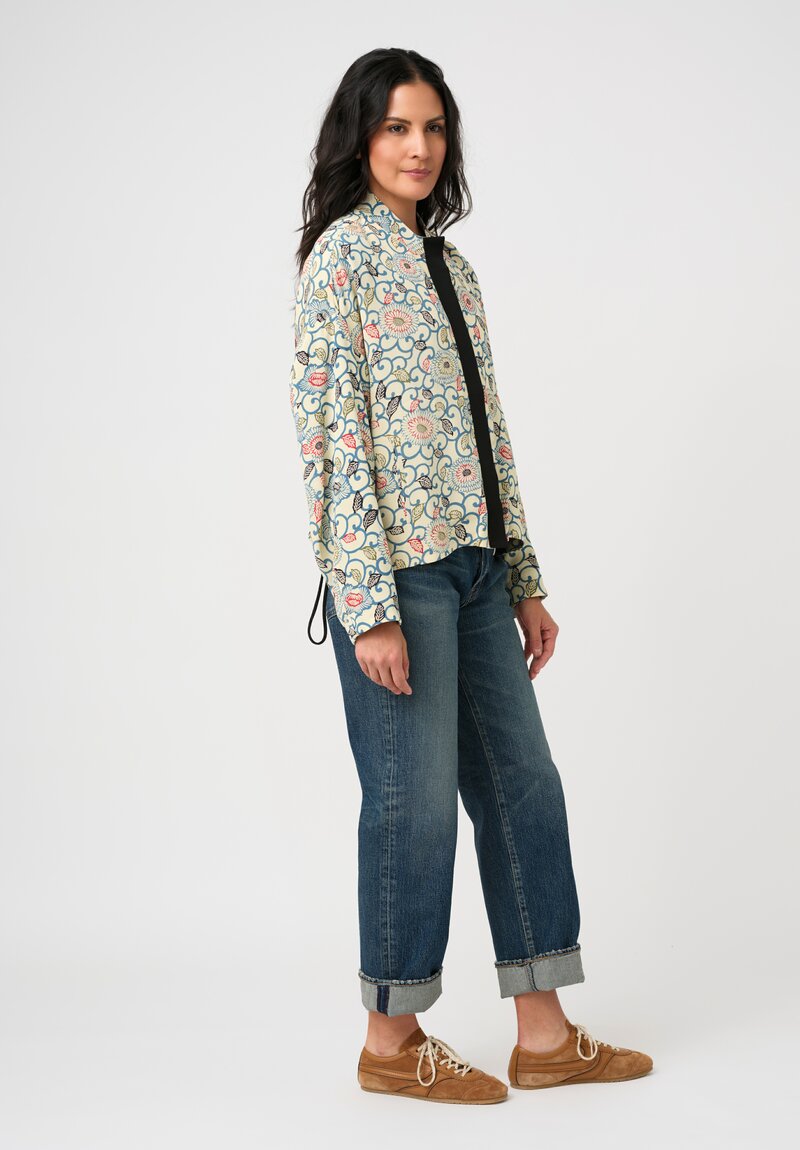 Ibrigu Silk Chirimen Komon Kimono Bomber Jacket in White & Blue Peony Swirl 
