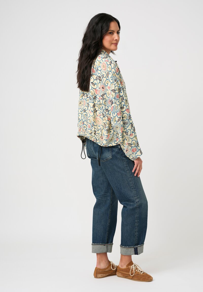 Ibrigu Silk Chirimen Komon Kimono Bomber Jacket in White & Blue Peony Swirl 