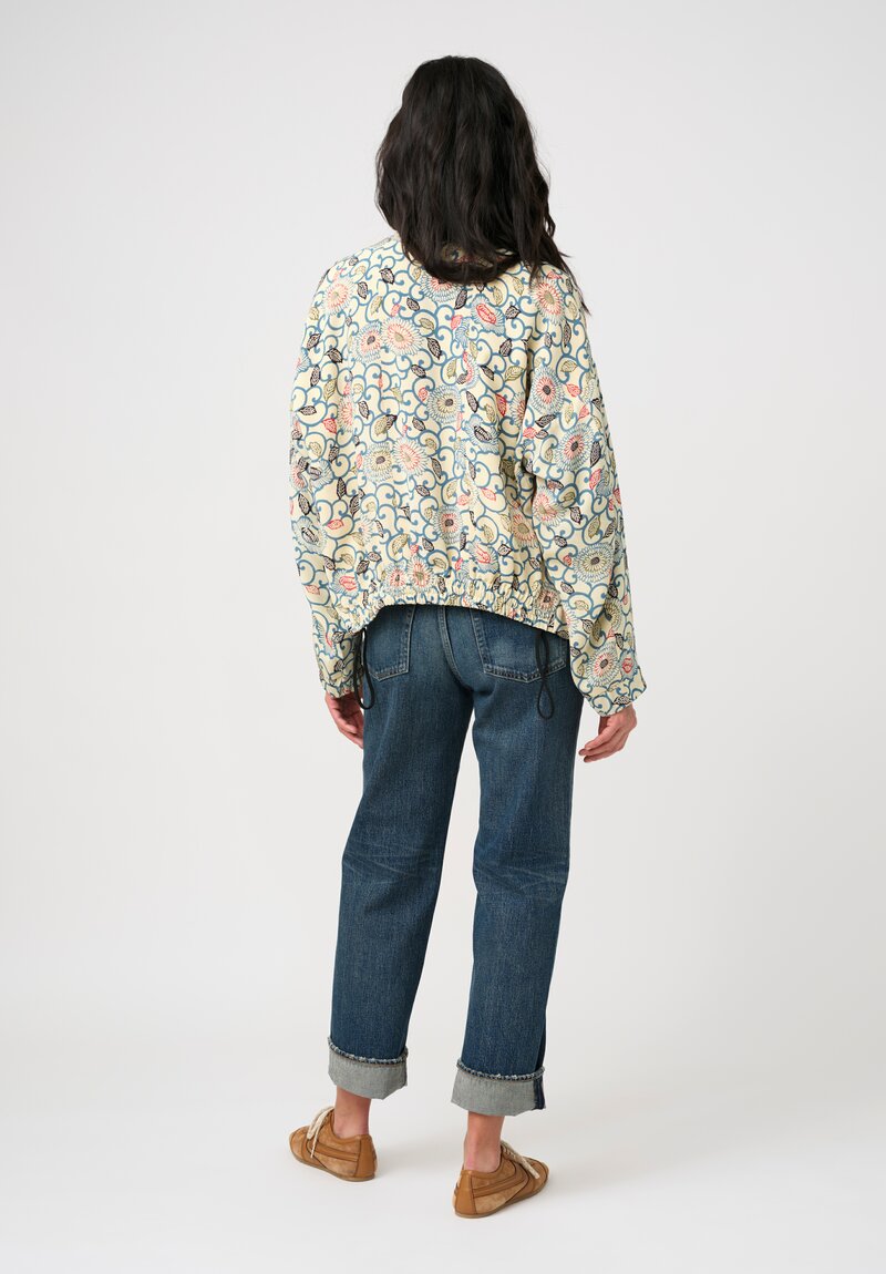 Ibrigu Silk Chirimen Komon Kimono Bomber Jacket in White & Blue Peony Swirl 