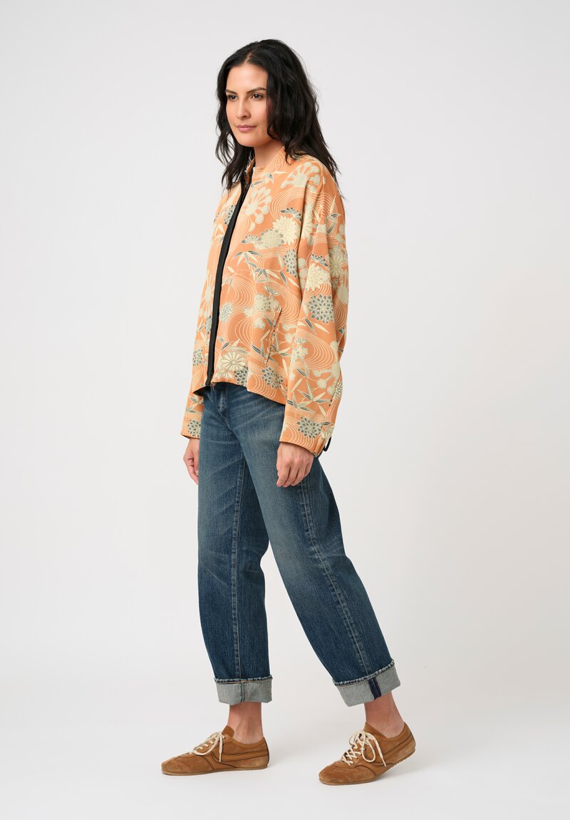 Ibrigu Silk Chirimen Komon Kimono Bomber Jacket in Peach Pink Floral Swirl