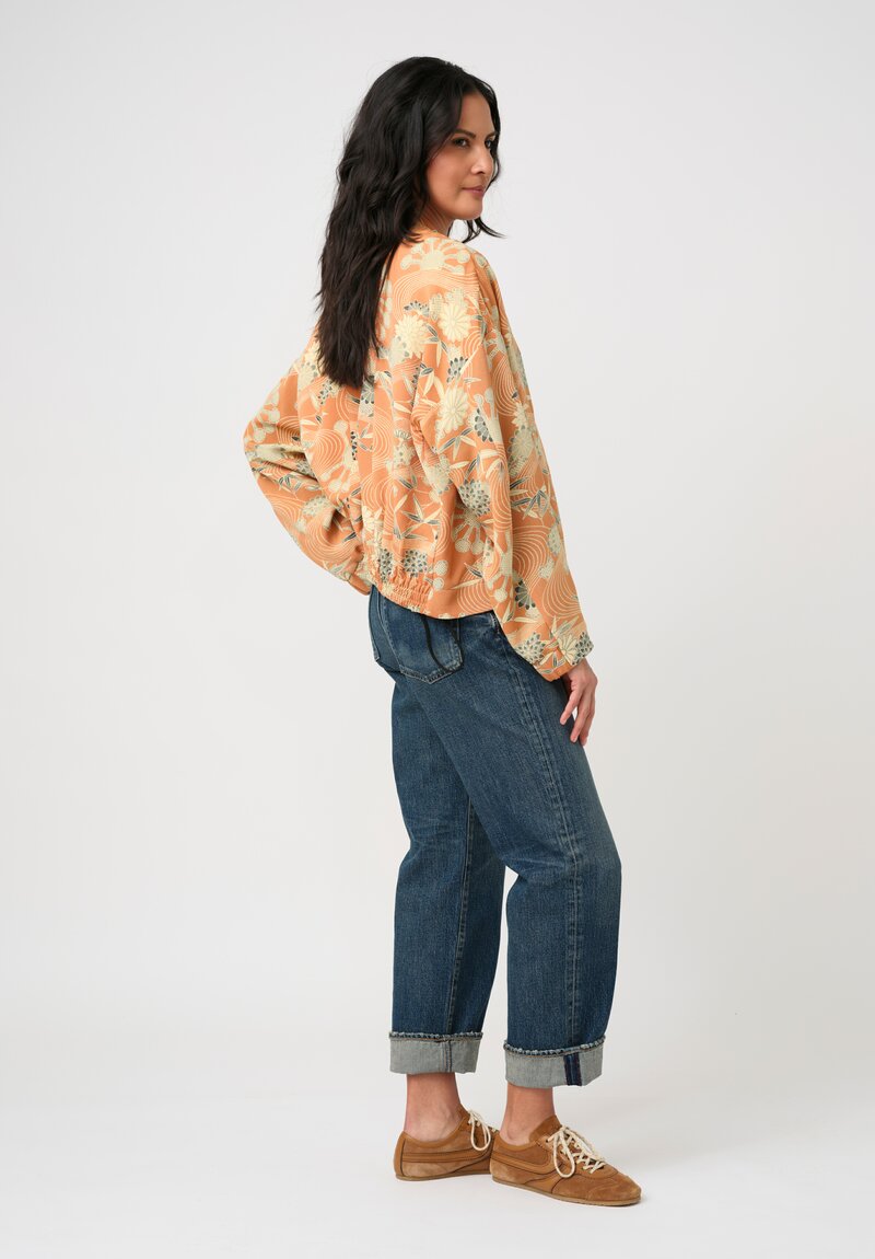 Ibrigu Silk Chirimen Komon Kimono Bomber Jacket in Peach Pink Floral Swirl