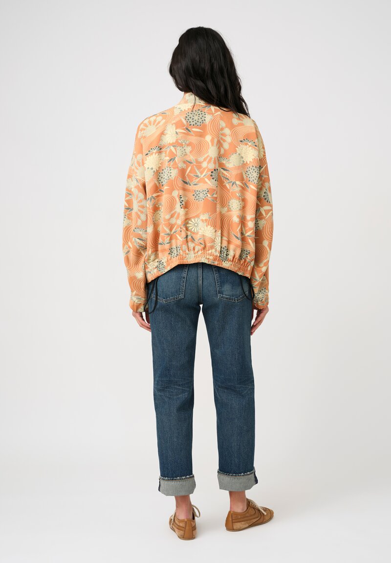 Ibrigu Silk Chirimen Komon Kimono Bomber Jacket in Peach Pink Floral Swirl