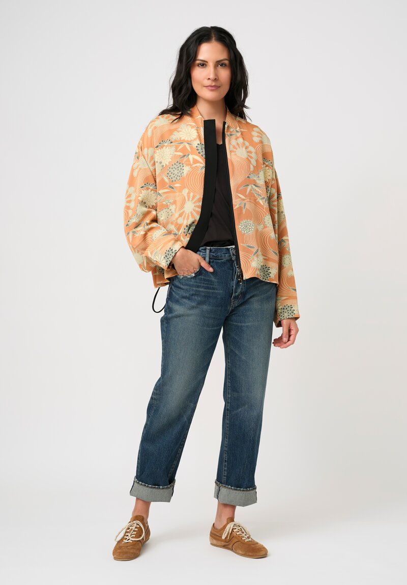 Ibrigu Silk Chirimen Komon Kimono Bomber Jacket in Peach Pink Floral Swirl