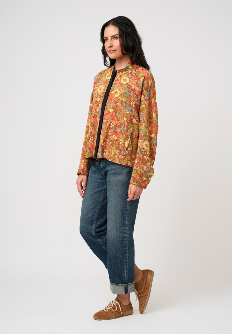 Ibrigu Silk Chirimen Komon Kimono Bomber Jacket in Terracotta Red Autumn Leaves