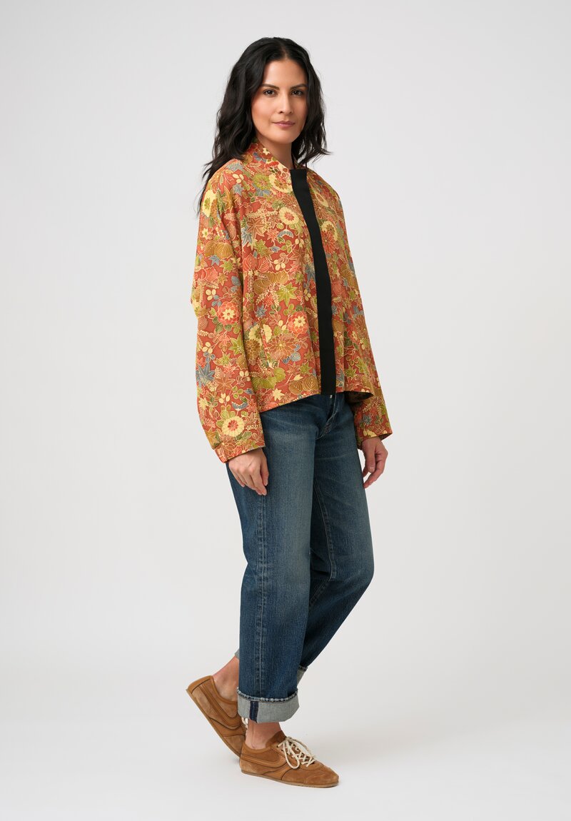 Ibrigu Silk Chirimen Komon Kimono Bomber Jacket in Terracotta Red Autumn Leaves