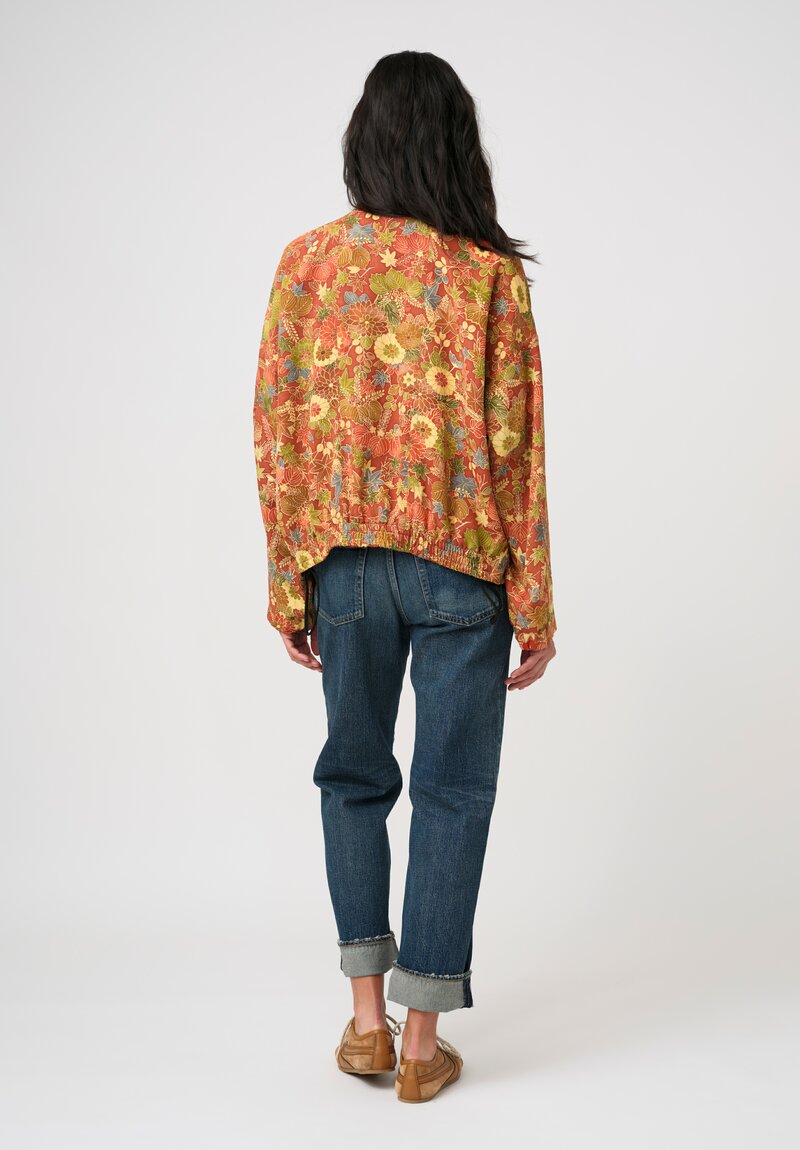 Ibrigu Silk Chirimen Komon Kimono Bomber Jacket in Terracotta Red Autumn Leaves