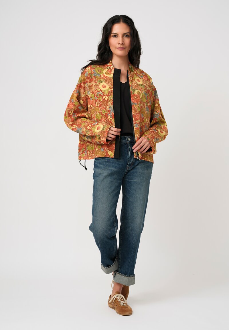 Ibrigu Silk Chirimen Komon Kimono Bomber Jacket in Terracotta Red Autumn Leaves