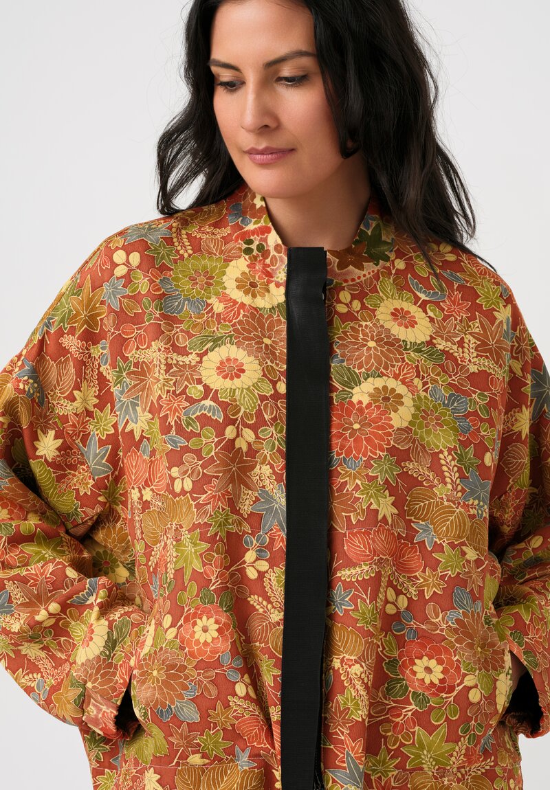 Ibrigu Silk Chirimen Komon Kimono Bomber Jacket in Terracotta Red Autumn Leaves