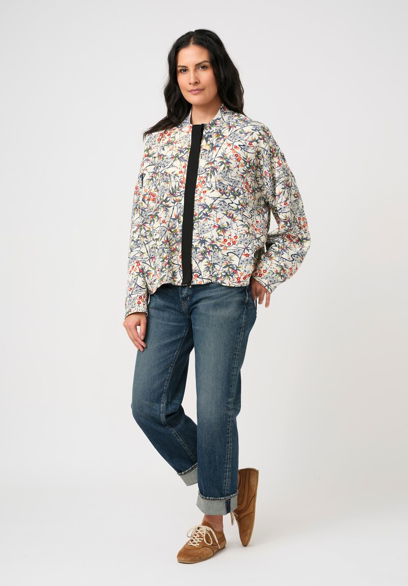 Ibrigu Silk Chirimen Komon Kimono Bomber Jacket in White & Blue Bamboo