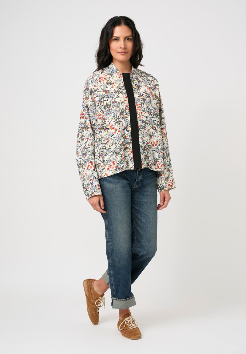 Ibrigu Silk Chirimen Komon Kimono Bomber Jacket in White & Blue Bamboo