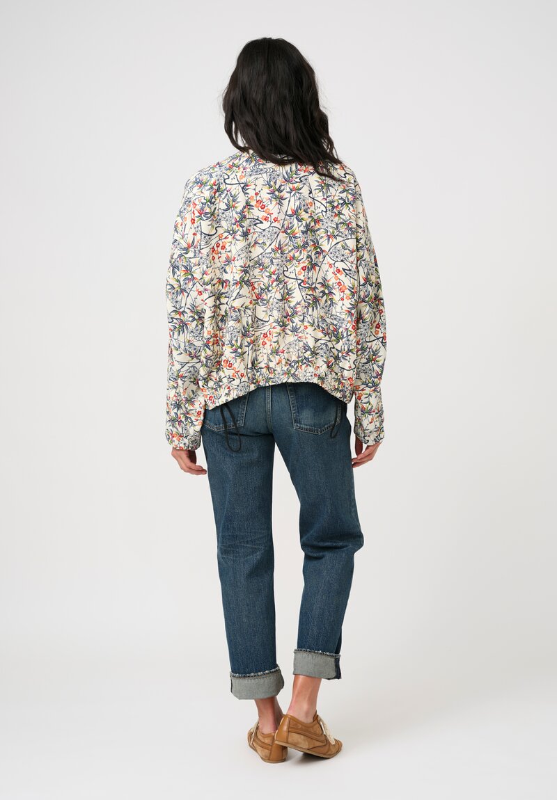 Ibrigu Silk Chirimen Komon Kimono Bomber Jacket in White & Blue Bamboo