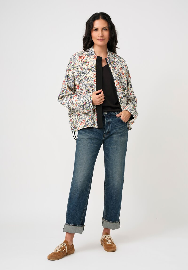 Ibrigu Silk Chirimen Komon Kimono Bomber Jacket in White & Blue Bamboo