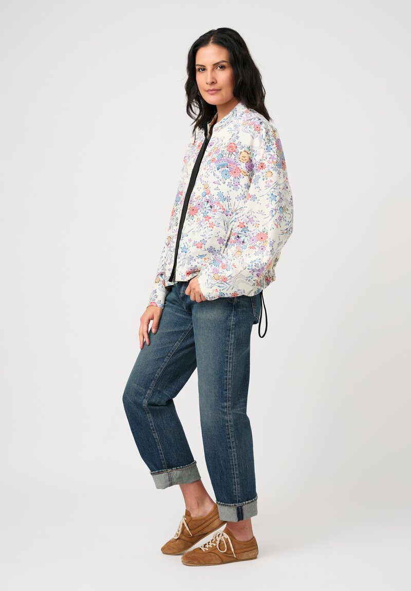 Ibrigu Silk Chirimen Komon Kimono Bomber Jacket in White & Purple Floral