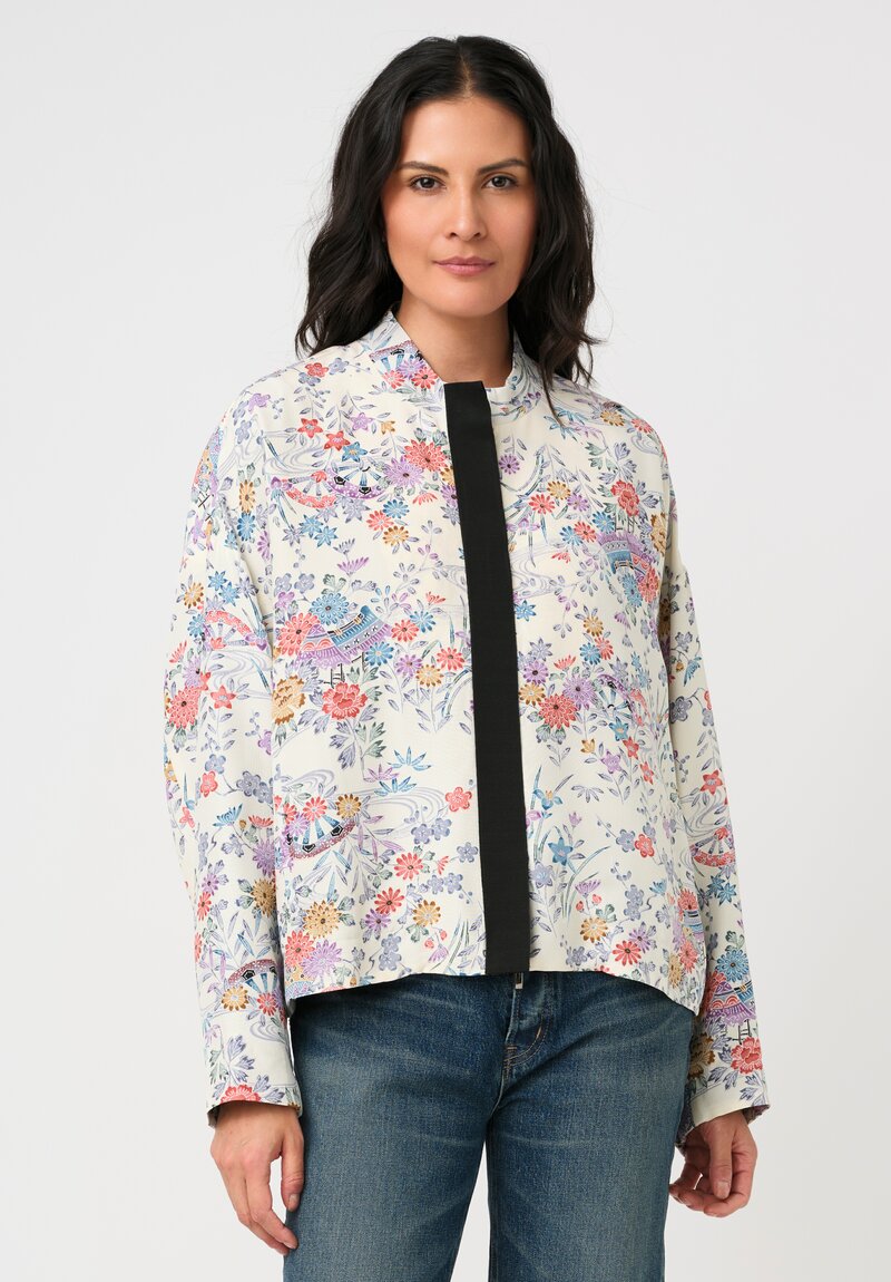 Ibrigu Silk Chirimen Komon Kimono Bomber Jacket in White & Purple Floral