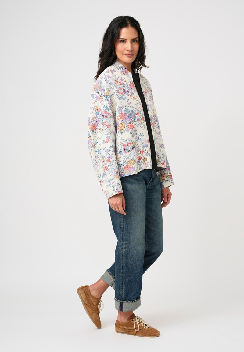 Ibrigu Silk Chirimen Komon Kimono Bomber Jacket in White & Purple Floral