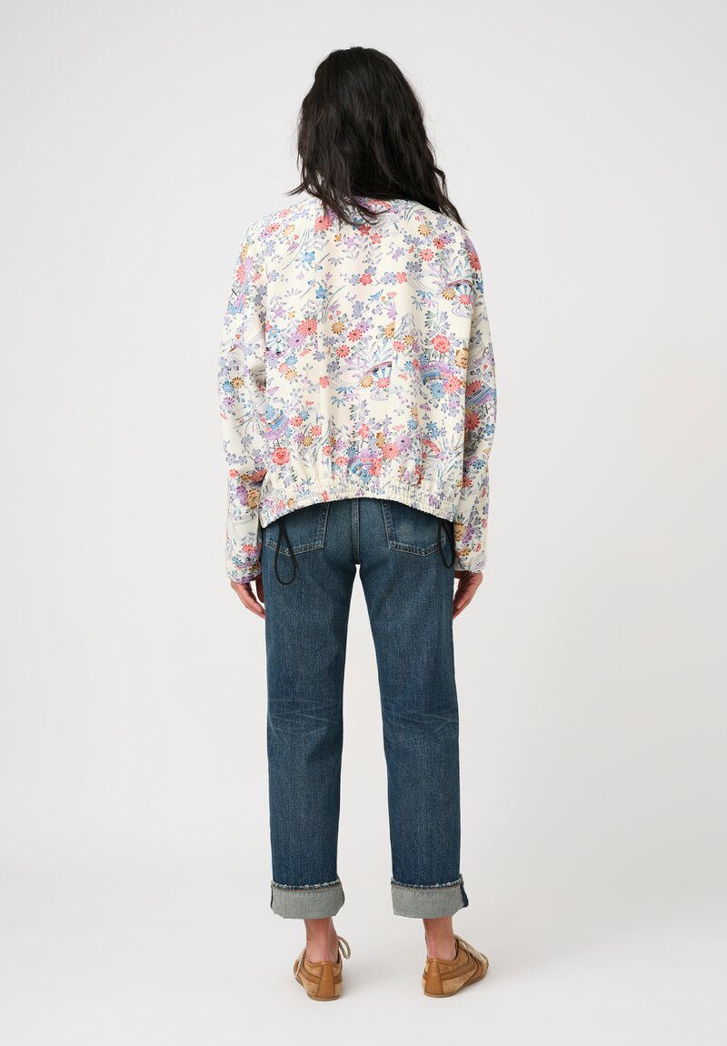 Ibrigu Silk Chirimen Komon Kimono Bomber Jacket in White & Purple Floral