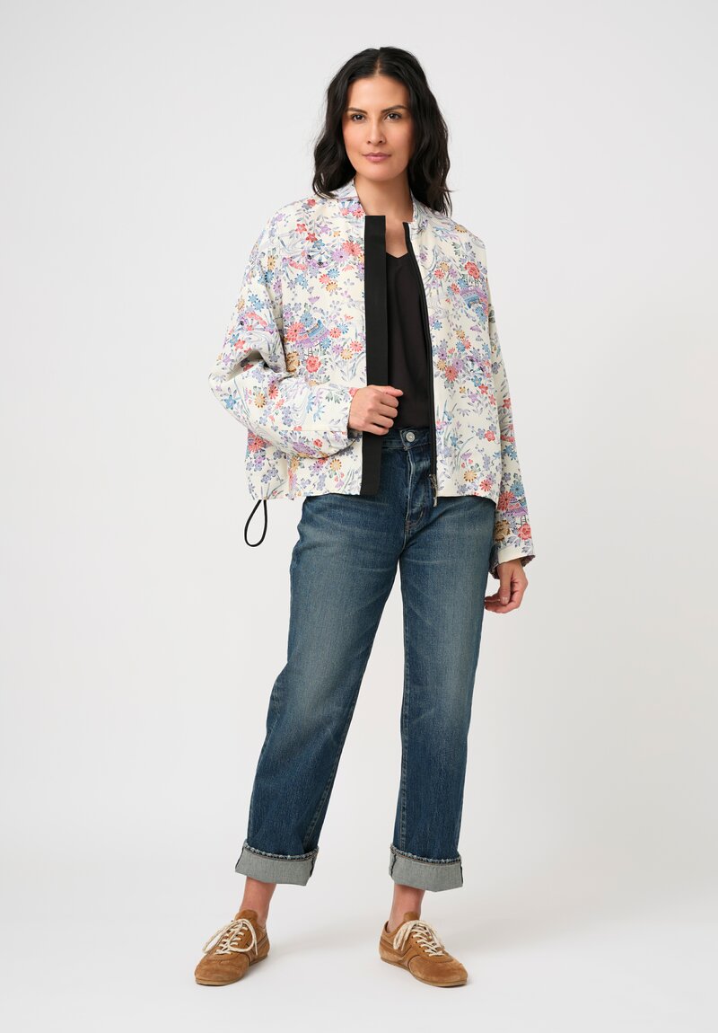 Ibrigu Silk Chirimen Komon Kimono Bomber Jacket in White & Purple Floral