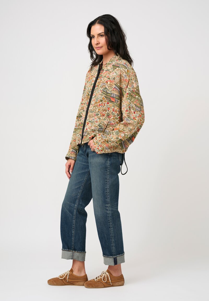 Ibrigu Silk Chirimen Komon Kimono Bomber Jacket in Green & Cream Pagodas