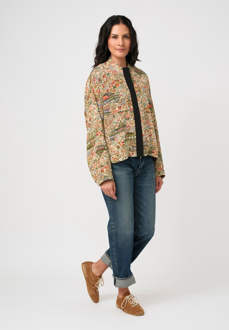 Ibrigu Silk Chirimen Komon Kimono Bomber Jacket in Green & Cream Pagodas