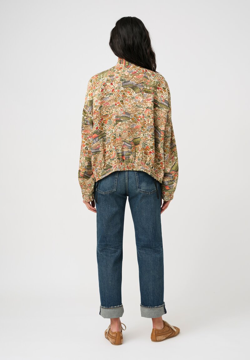 Ibrigu Silk Chirimen Komon Kimono Bomber Jacket in Green & Cream Pagodas