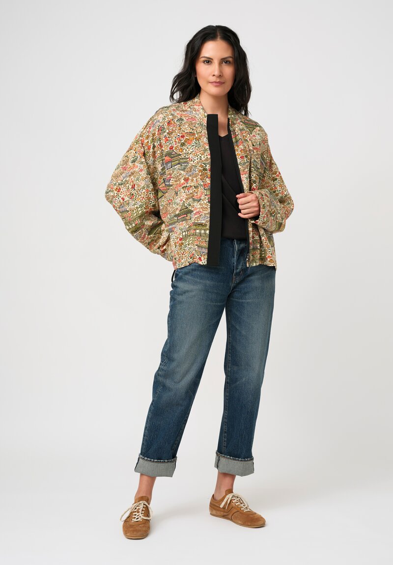 Ibrigu Silk Chirimen Komon Kimono Bomber Jacket in Green & Cream Pagodas