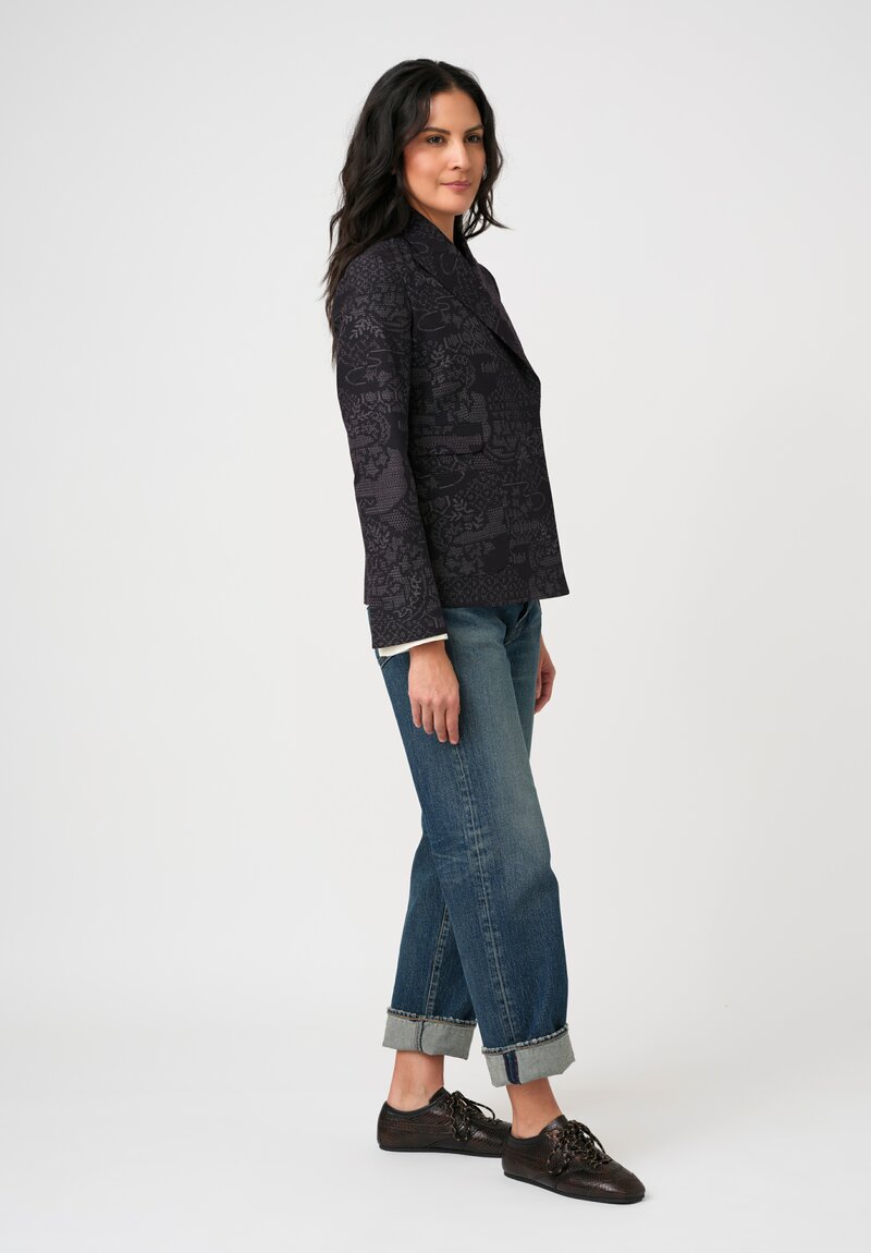 Ibrigu Silk Tusumugi Komon Kimono Blazer with Obi Belt in Purple Geometric Landscape