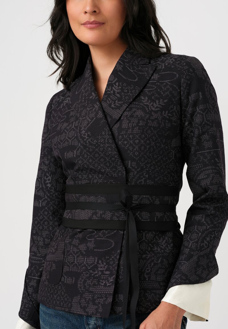 Ibrigu Silk Tusumugi Komon Kimono Blazer with Obi Belt in Purple Geometric Landscape