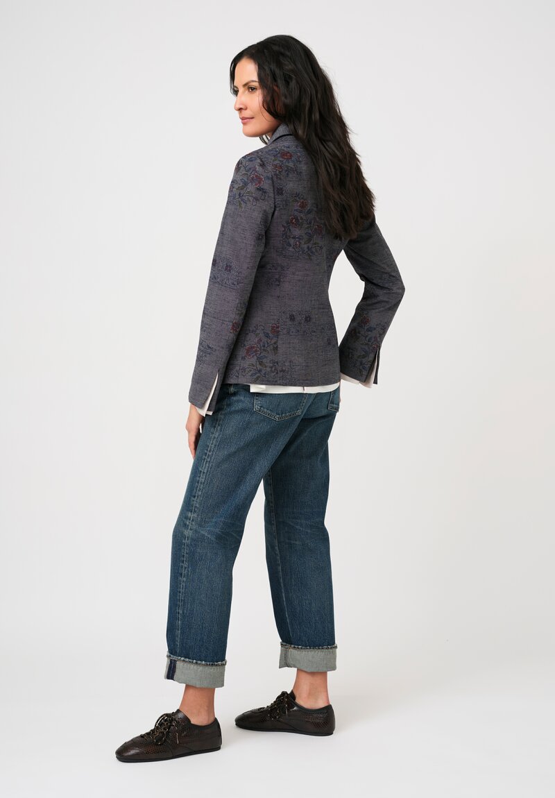 Ibrigu Silk Tusumugi Komon Kimono Blazer with Obi Belt in Blue Grey Faded Florals