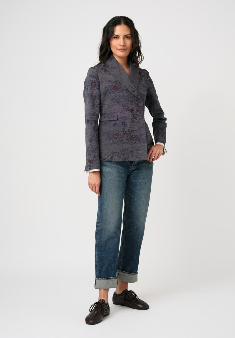 Ibrigu Silk Tusumugi Komon Kimono Blazer with Obi Belt in Blue Grey Faded Florals