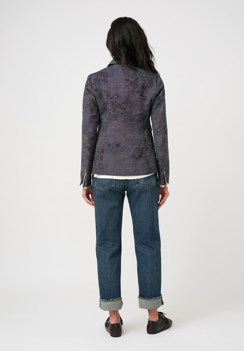 Ibrigu Silk Tusumugi Komon Kimono Blazer with Obi Belt in Blue Grey Faded Florals