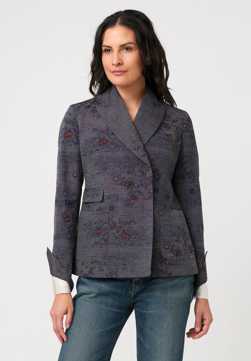 Ibrigu Silk Tusumugi Komon Kimono Blazer with Obi Belt in Blue Grey Faded Floralsv