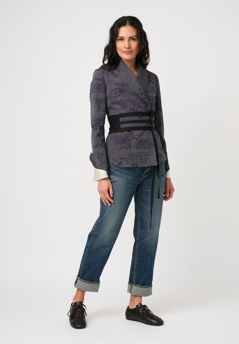 Ibrigu Silk Tusumugi Komon Kimono Blazer with Obi Belt in Blue Grey Faded Florals