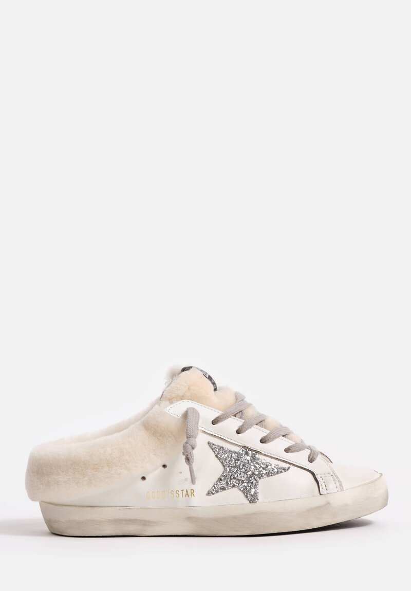Golden Goose Super Star Shearling Lined Sabot Leather & Glitter Star Mules