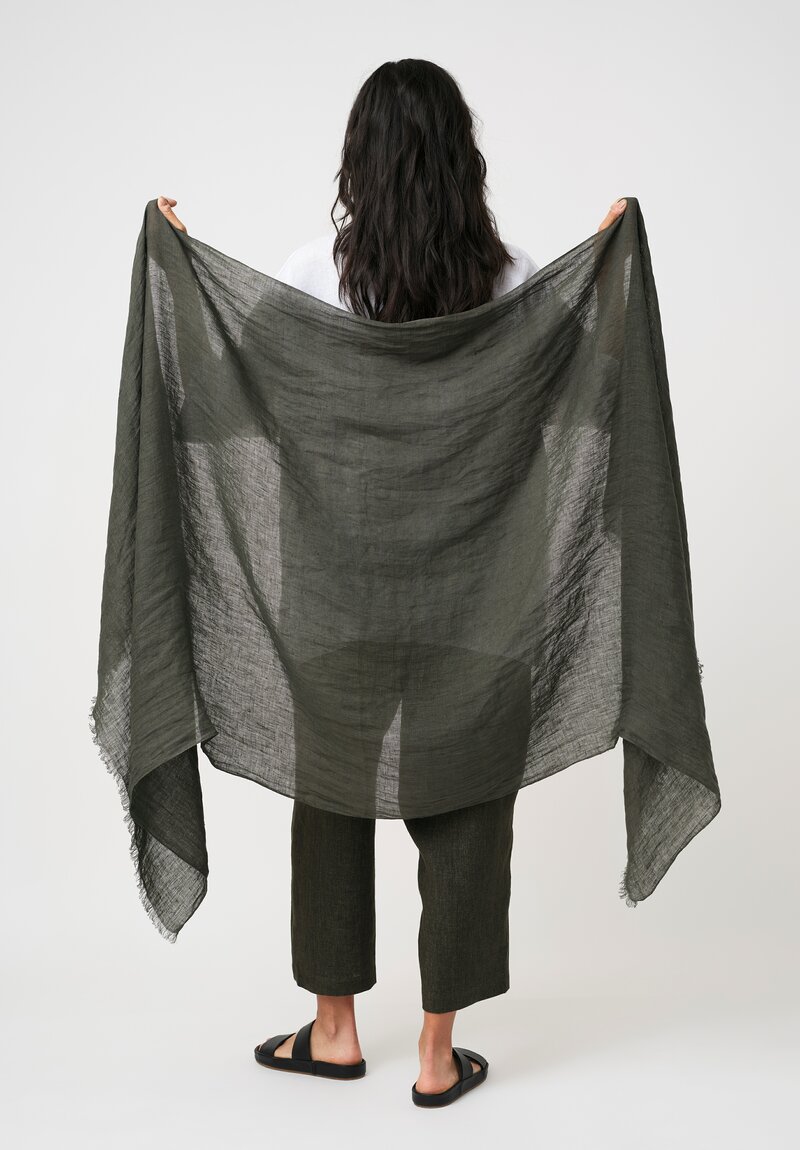 Eskandar Fine Linen Raw Edge Scarf Dark Olive