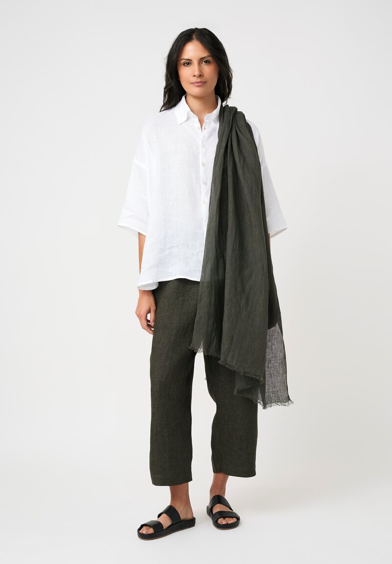 Eskandar Fine Linen Raw Edge Scarf Dark Olive
